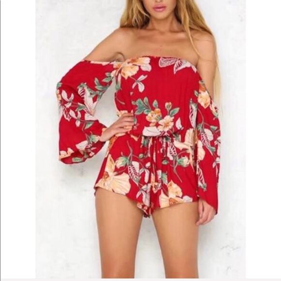 LF Stores Angel Biba Off the Shoulder Red Floral Romper Size XS - Picture 1 of 8